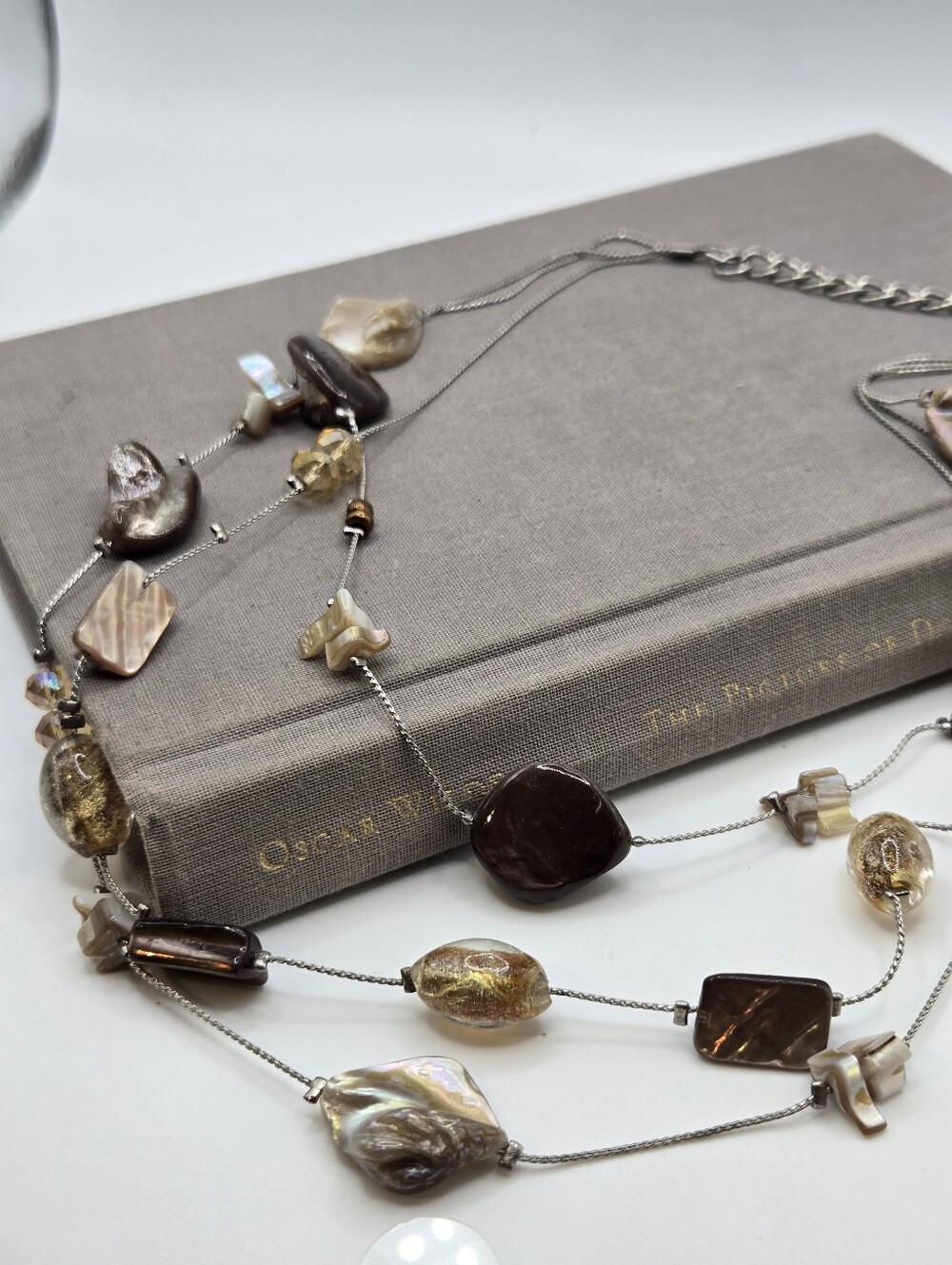Whimsigoth Boho Fairy Brown Shell Pearl Necklace 20" AB crystals Y2k Goblincore